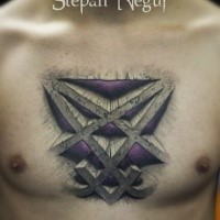 3D style colored chest tattoo of mystical stone symbol