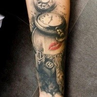 3D style colored forearm tattoo of clock with mirror and lipstick