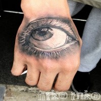3D style colored hand tattoo of woman eye
