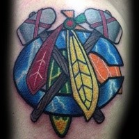 3D style colored leg tattoo of big Indian symbol with crosse axes