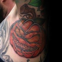 3D style colored neck tattoo of cool pumpkin