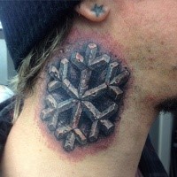 3D style colored neck tattoo of little snowflake
