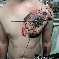 3D style colored scapular tattoo of compass with ornaments