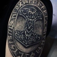 3D style colored shoulder tattoo of Celtic symbol