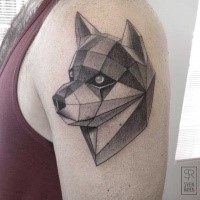 3D style colored shoulder tattoo of funny dog head