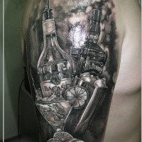 3D style colored shoulder tattoo of various alcohol bottles