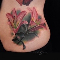 3D style colored side tattoo of large beautiful flowers