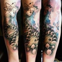 3D style colored sleeve tattoo of DNA with atom