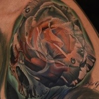 3D style colored tattoo of large rose with skull