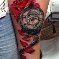 3D style colored tattoo of red rose with mechanical clock and key