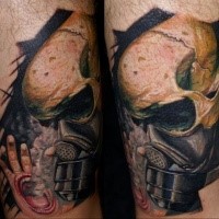 3D style colored tattoo of skull with gas mask and creepy hand