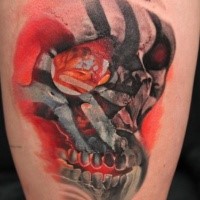 3D style colored thigh tattoo of human skull with ornaments