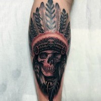 Tatuaje en la pierna, cráneo indio 3D en sombrero precioso