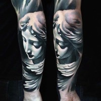 3D style colored vintage forearm tattoo of antic statue