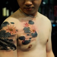 3D style colored water flowers tattoo on shoulder and chest with fish