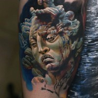 3D style colorful big forearm tattoo of antic statue