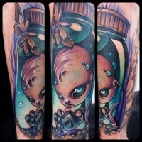 3D style colorful forearm tattoo of creepy doll boy with butterfly