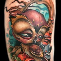 3D style colorful sad owl tattoo stylized with lonely tree and flowers