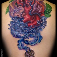3D style colorful whole back tattoo of human heart with ink like ribbon and keys