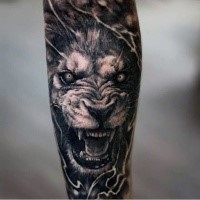 3D style creepy looking forearm tattoo of demonic lion