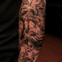 3D style designed black and white big forearm tattoo of antic statues