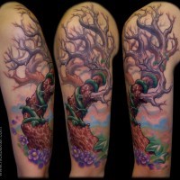3D style designed colored mystical lonely tree tattoo on shoulder with violet flowers