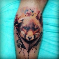3D style designed colored sweet fox tattoo on leg muscle