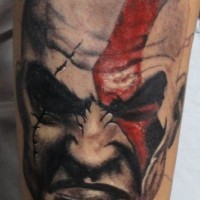 3D style designed very detailed colored on forearm tattoo of barbarian head