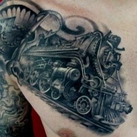 3D style detailed chest tattoo of big steel train