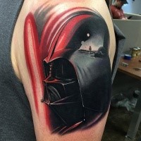 3D Stil detailliertes farbiges Schulter Tattoo mit Darth Vader und rotem Säbel