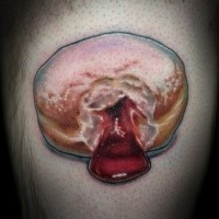 3D style detailed leg tattoo of tasty pie with jelly