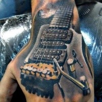 3D style detailed looking hand tattoo of cool rock guitar