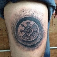3D style detailed thigh tattoo of ancient stone statue