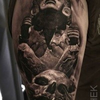 3D style detailed upper arm tattoo of ancient statue with human skull by Eliot Kohek