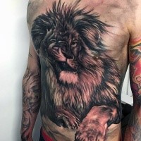 3D style fantastic looking chest and belly tattoo of cool lion
