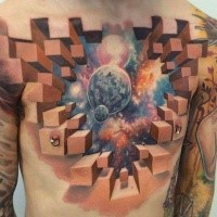 3D style geometrical tattoo on chest combined with solar system