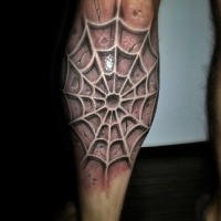 3D style incredible looking white ink spider web tattoo on forearm