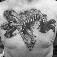 3D style large black ink evil dinosaur with claws tattoo on chest