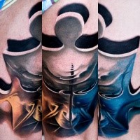 3D style large colored thigh tattoo of puzzle pice stylized with white mask