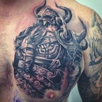 3D style marvelous looking chest tattoo of cool viking warrior