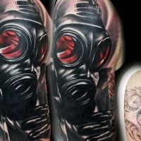 3D style mystical shoulder tattoo of detailed gas mask