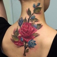 3D style natural looking colored back tattoo of rose flowers