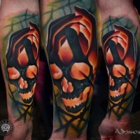 3D style natural looking colored skull made from hands tattoo on forearm