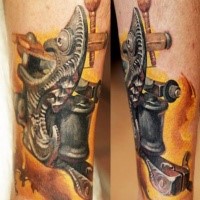 3D style nice looking leg tattoo of old tattoo machine