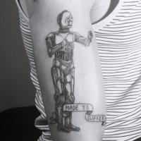 3D style old cartoons like detailed big C3PO tattoo on arm with lettering