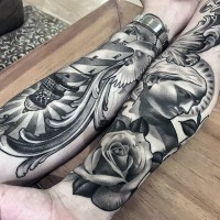 3D style painted antic statue with flower tattoo on forearm combined with big lighthouse and pigeon