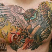 3D style painted big colored owl tattoo on chest with butterflies and old candle street lighter