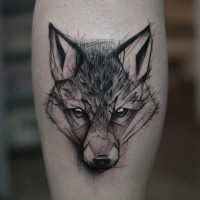 3D style painted black ink forearm tattoo of wolf face