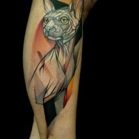 3D style painted cartoon like abstract Sphinx cat tattoo on leg muscle