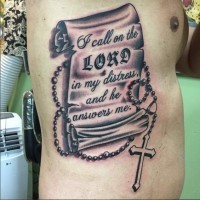 3D style painted colored old manuscript with lettering side tattoo combined with cross